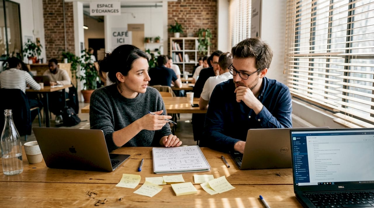 Des collègues qui réfléchissent ensemble à leur stratégie de contenu sur LinkedIn.