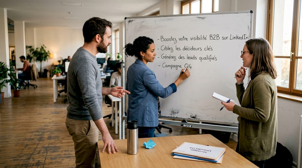 L’équipe se réunit devant un tableau blanc pour échanger des idées et concevoir des slogans publicitaires.