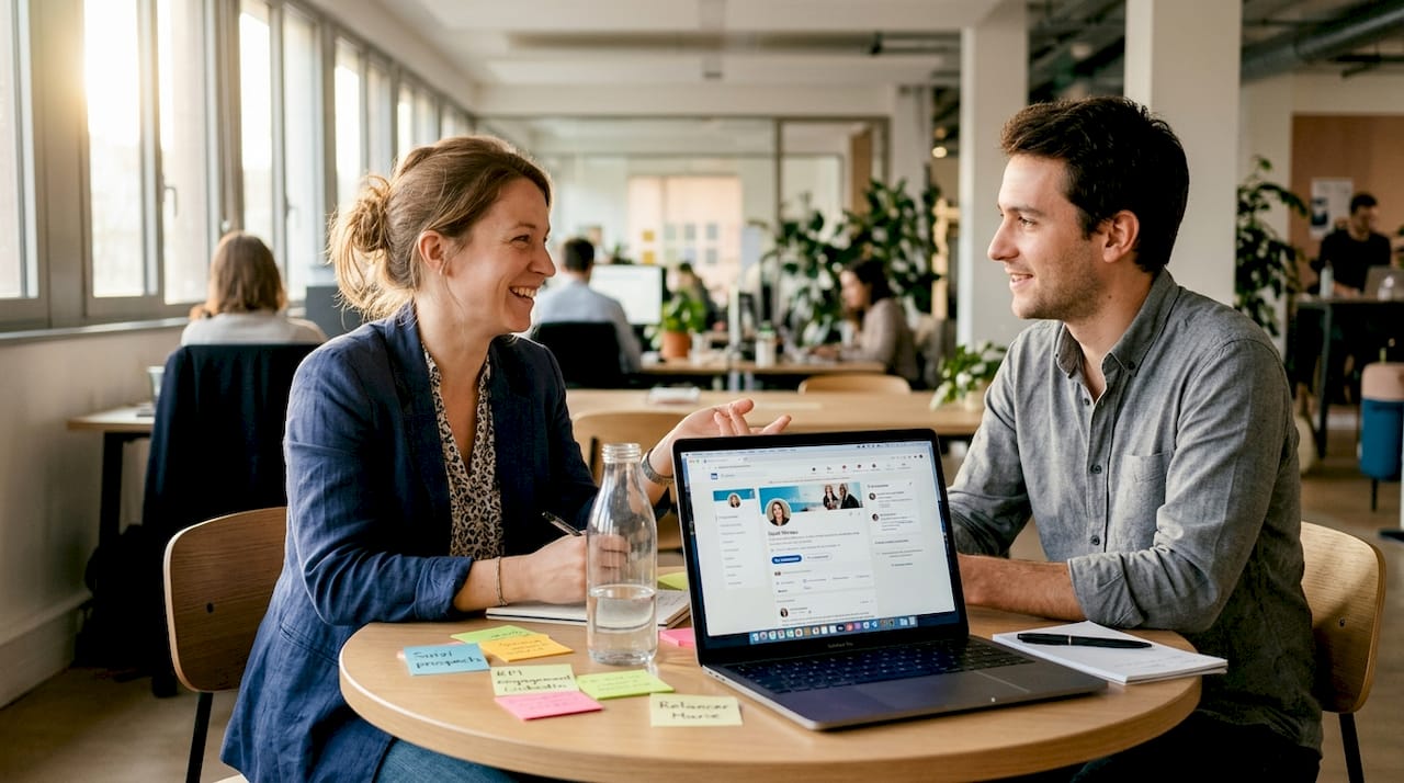 Des professionnels du marketing échangent autour d’une table sur les meilleures stratégies pour entretenir et développer leurs prospects via LinkedIn.