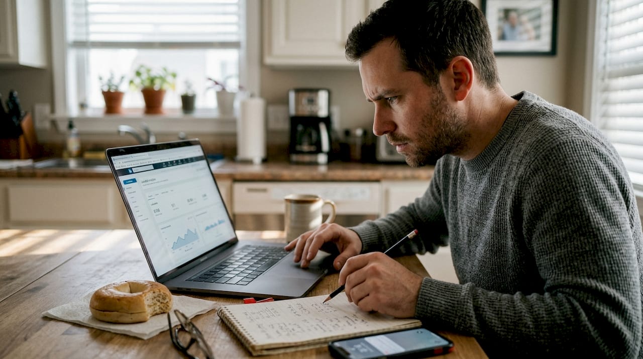 Man reviewing LinkedIn analytics at kitchen table