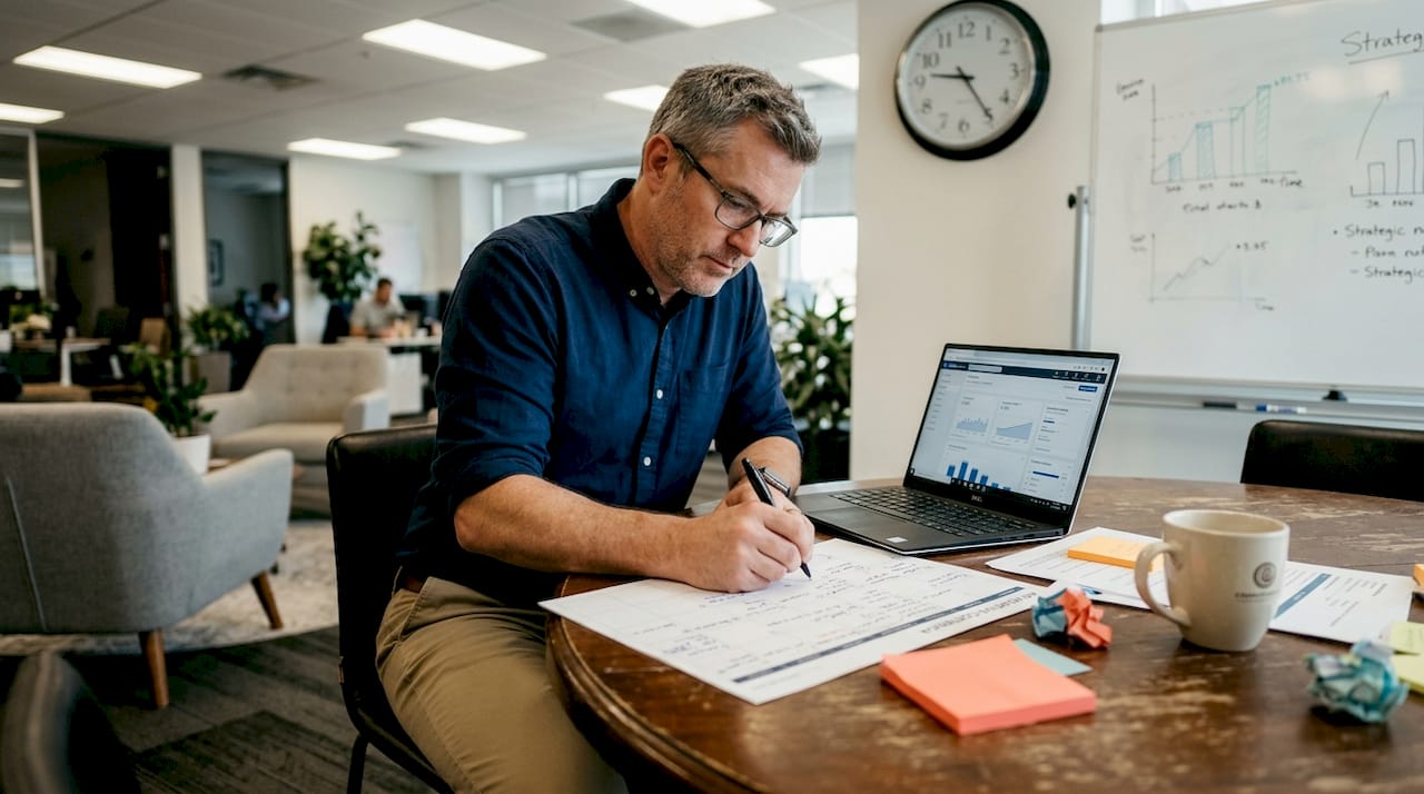 Manager reviewing content calendar in office lounge