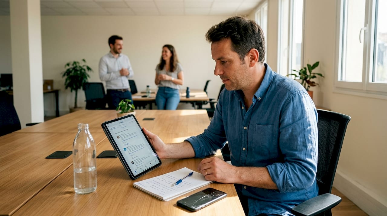 Un homme parcourt son fil LinkedIn en open space
