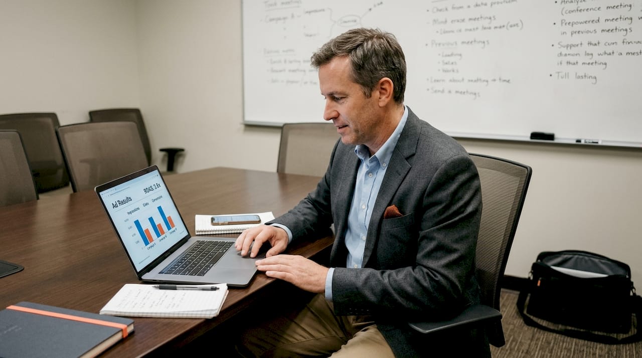 Manager checking campaign results on laptop