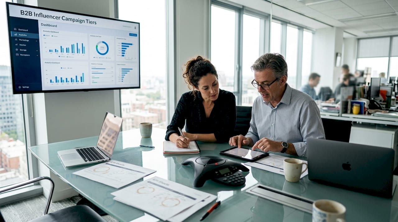 Team reviewing LinkedIn campaign metrics