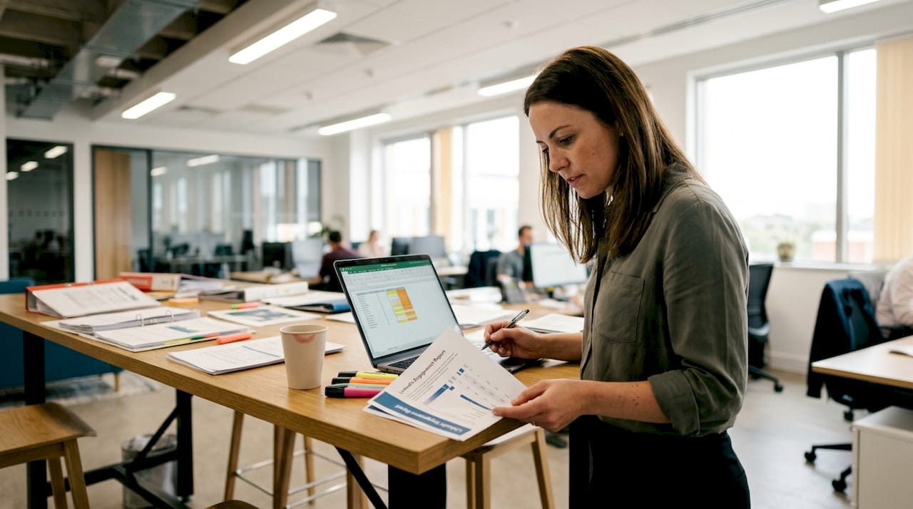 Marketing manager reviewing report at workspace table