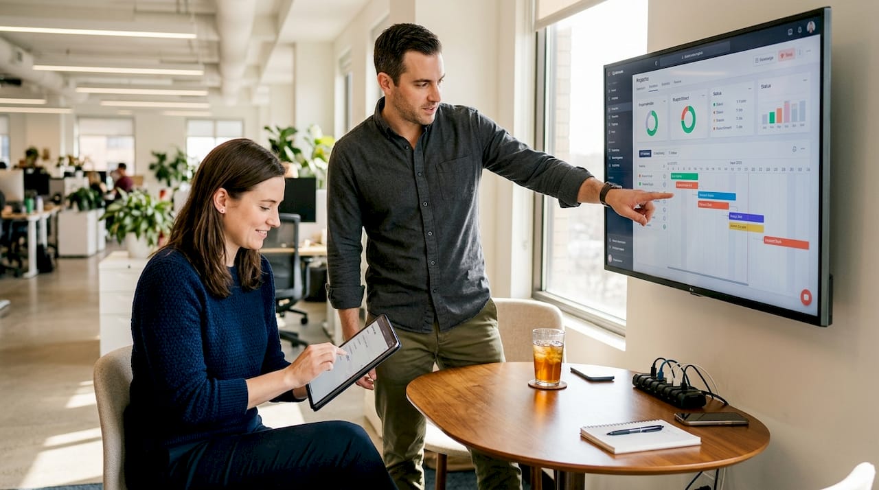 Team collaborating using workflow dashboard