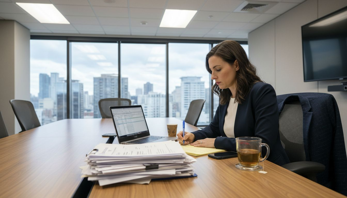 HR analyst reviewing hiring metrics in conference room