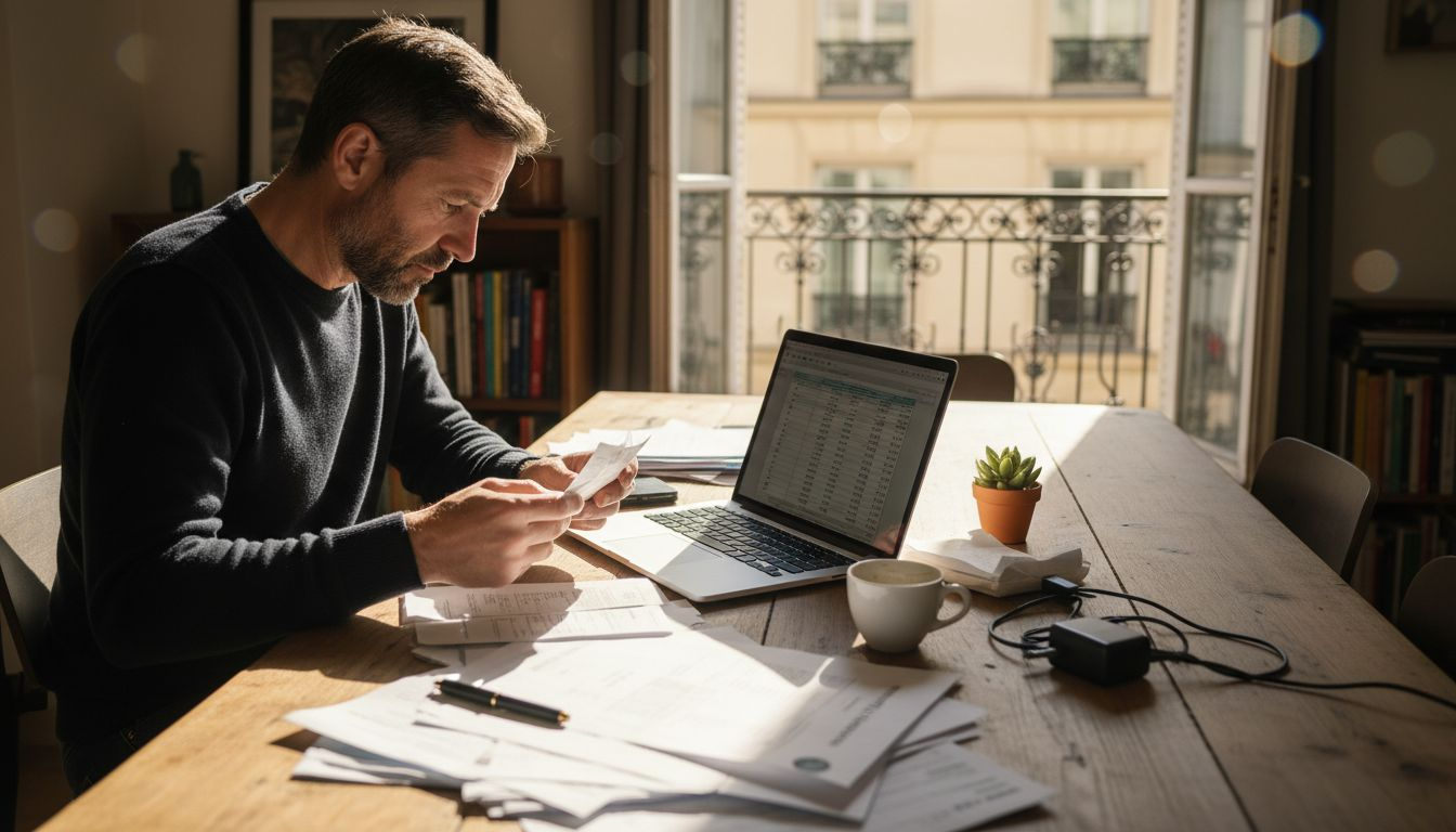 Expat reviewing financial documents at home