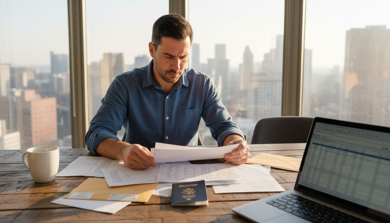 Expat sorting papers at city apartment table