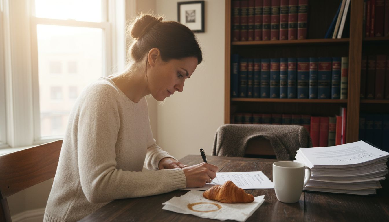 Woman signing trust legal papers at dining table
