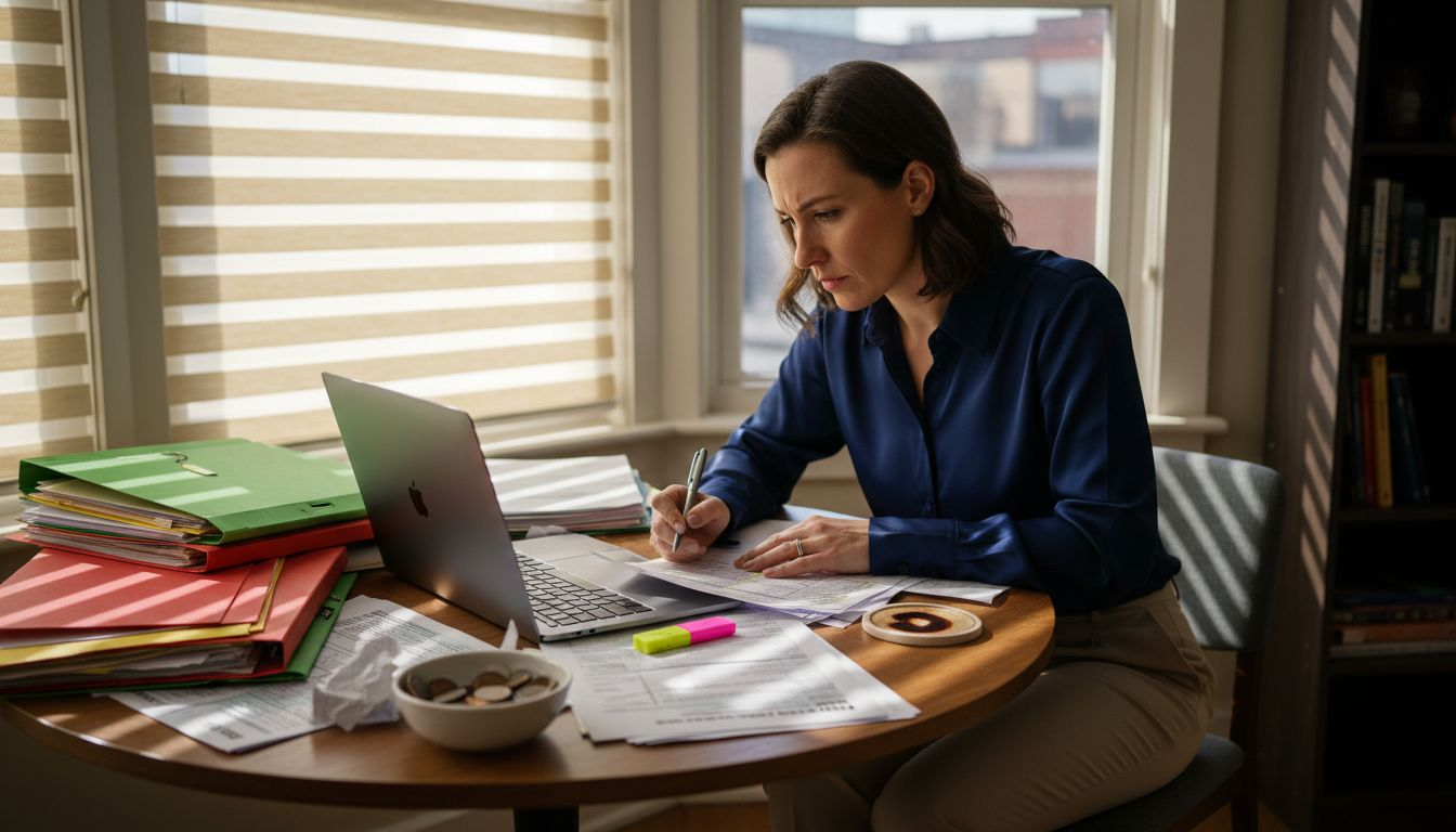 Woman cross-checking double taxation documents