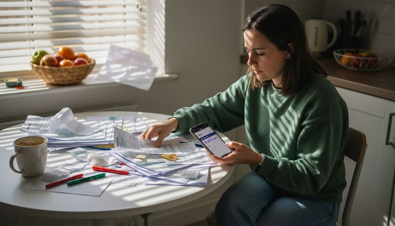 Engineer sorting tax forms at kitchen table