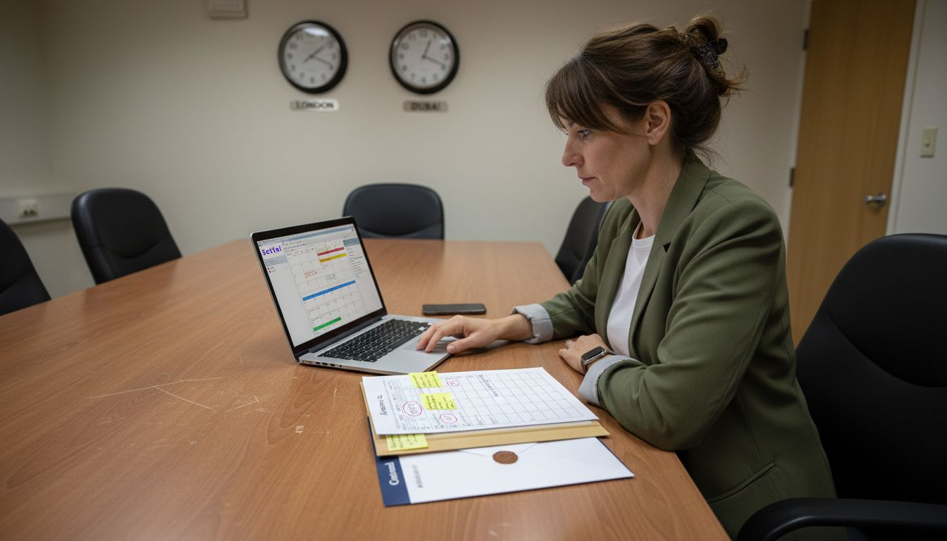 Woman tracking tax deadlines with laptop and notes
