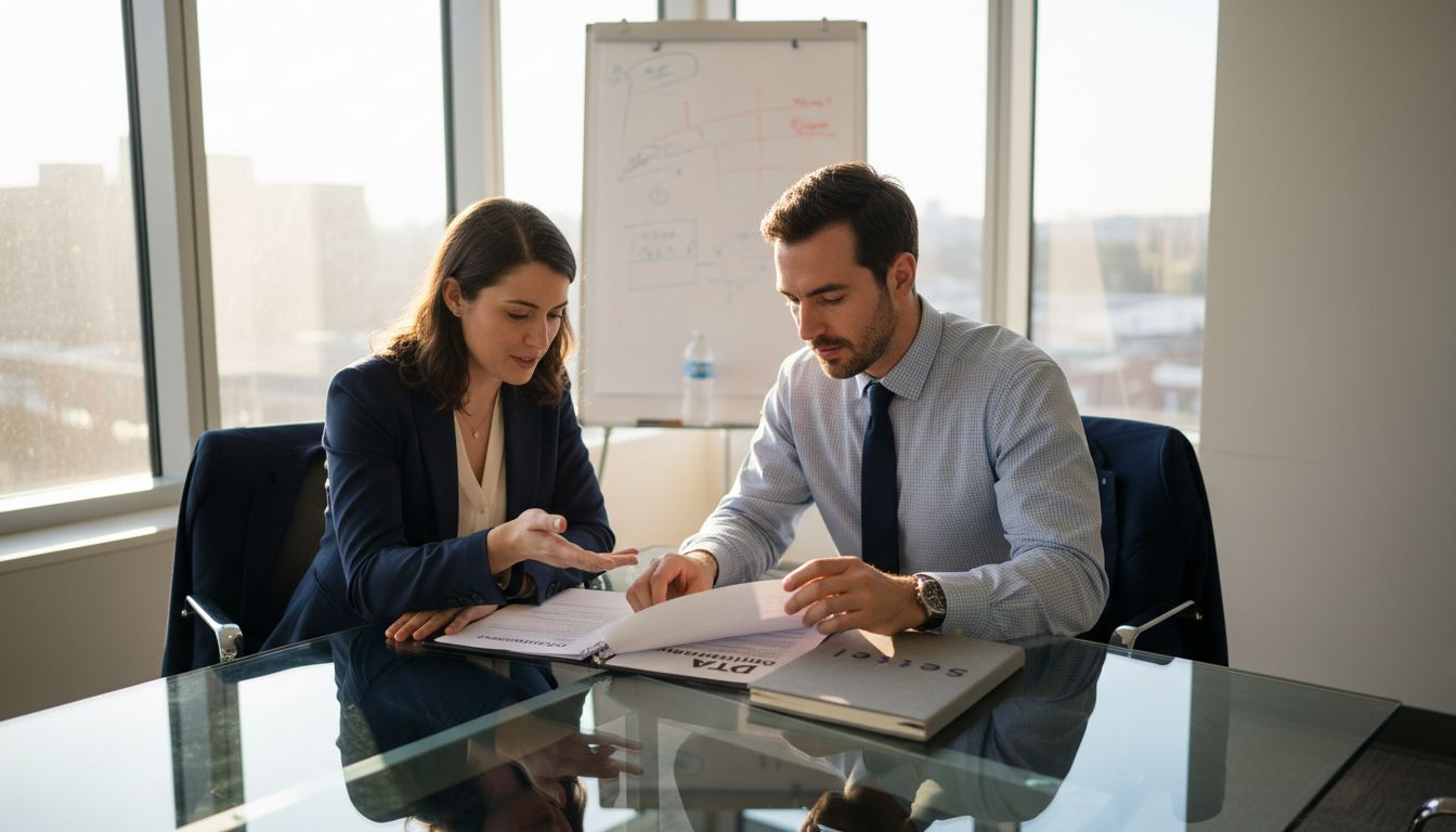 Professionals discuss DTA agreement at conference table