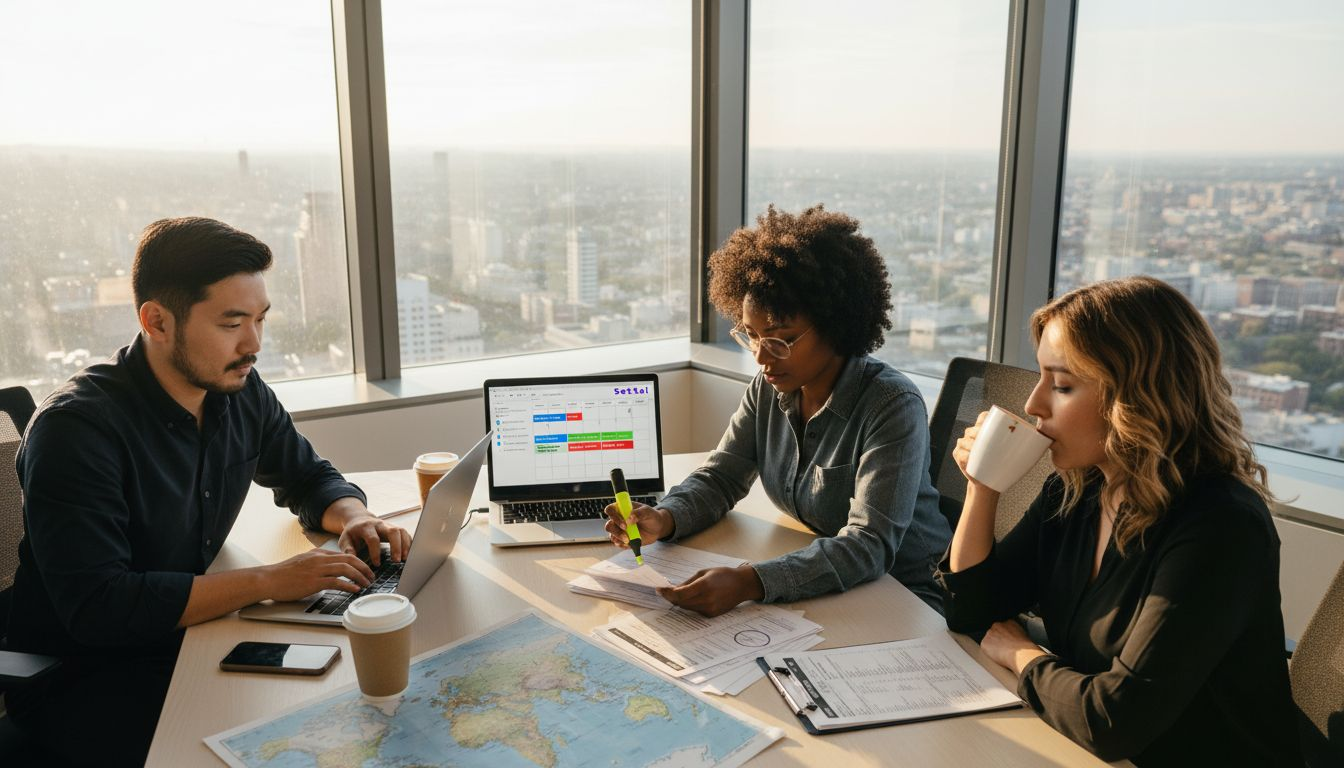 Professionals reviewing tax deadlines in a corner office