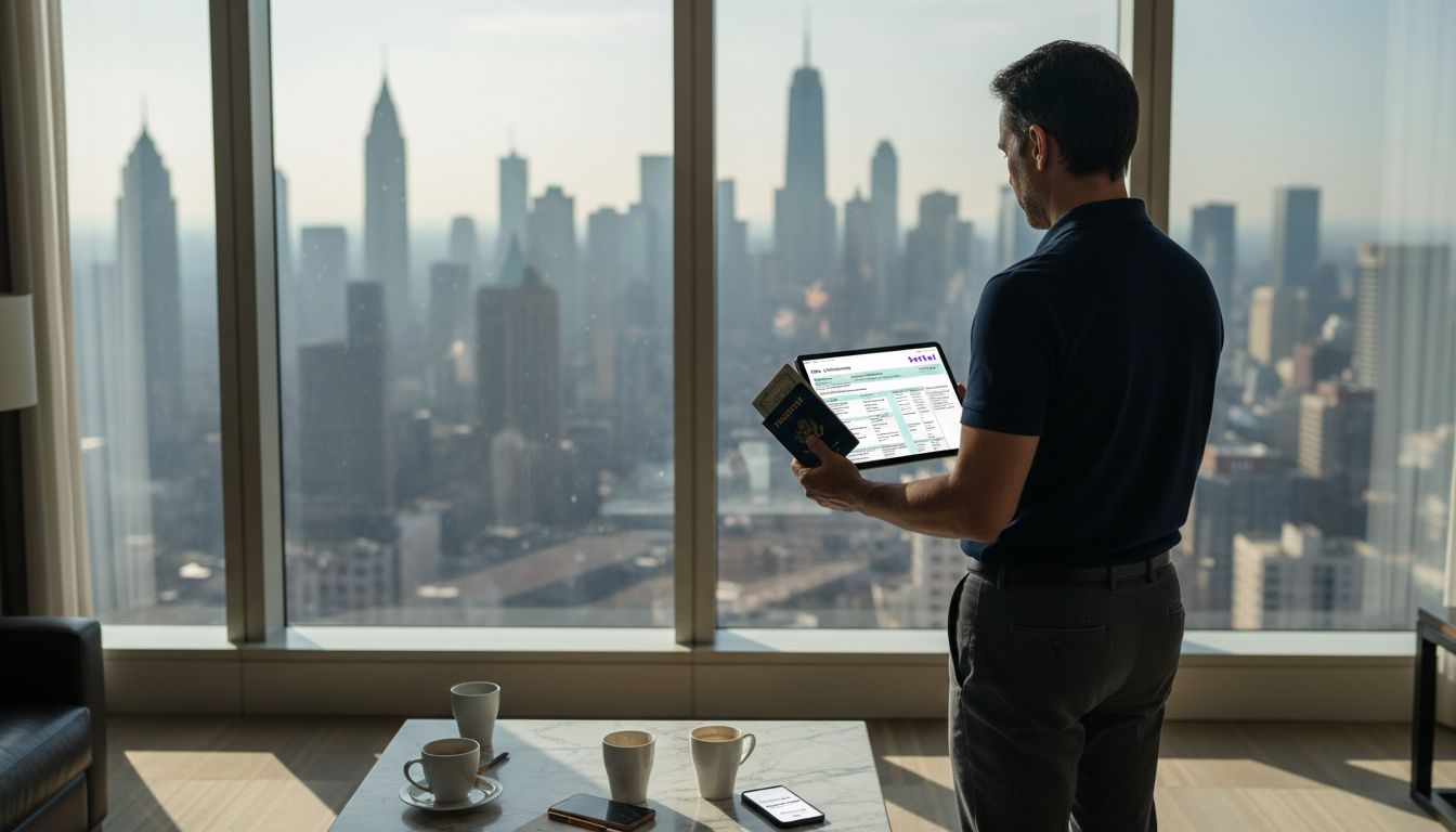 Expat reviewing tax forms in city high-rise