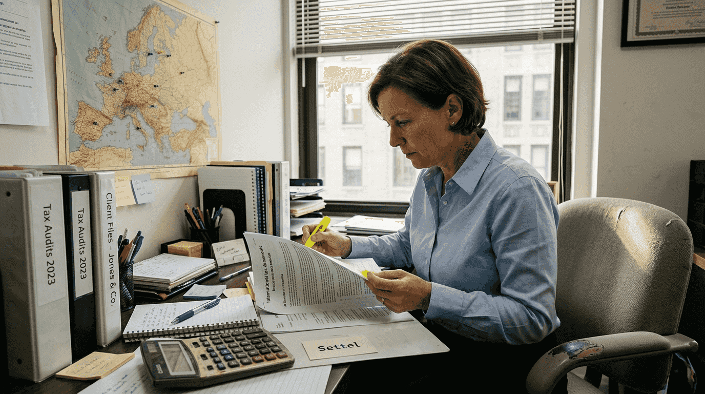 Woman reviewing tax forms in corner office