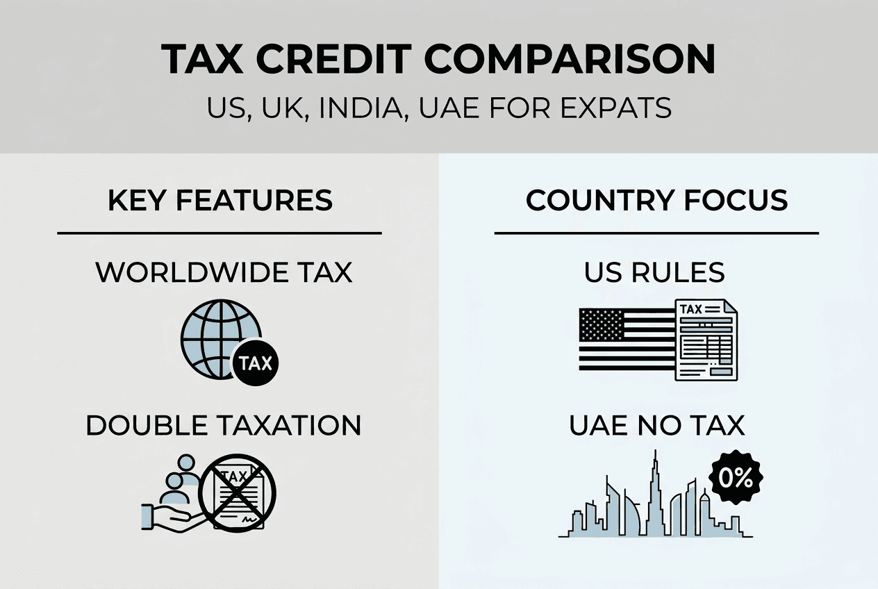 Infographic comparing expat tax credit basics by country