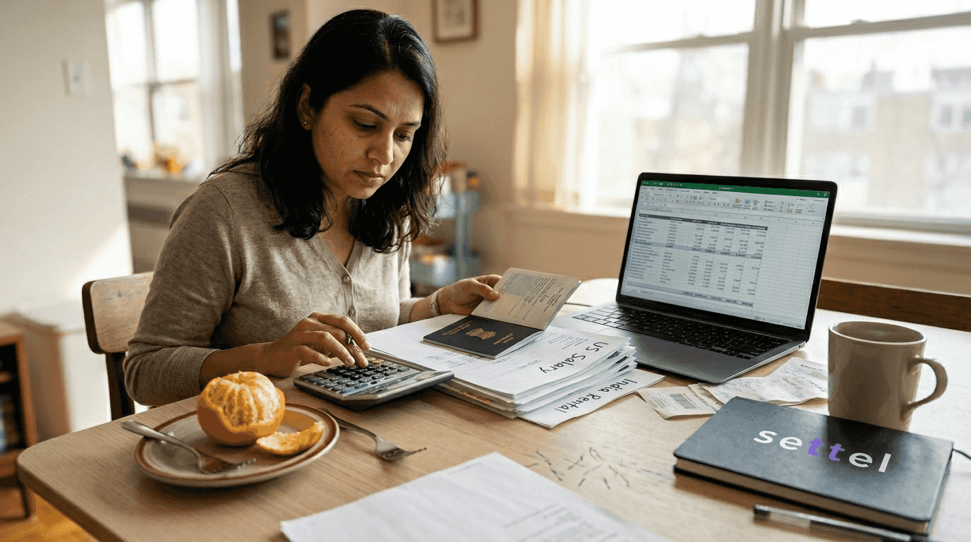 Woman calculating foreign and Indian income