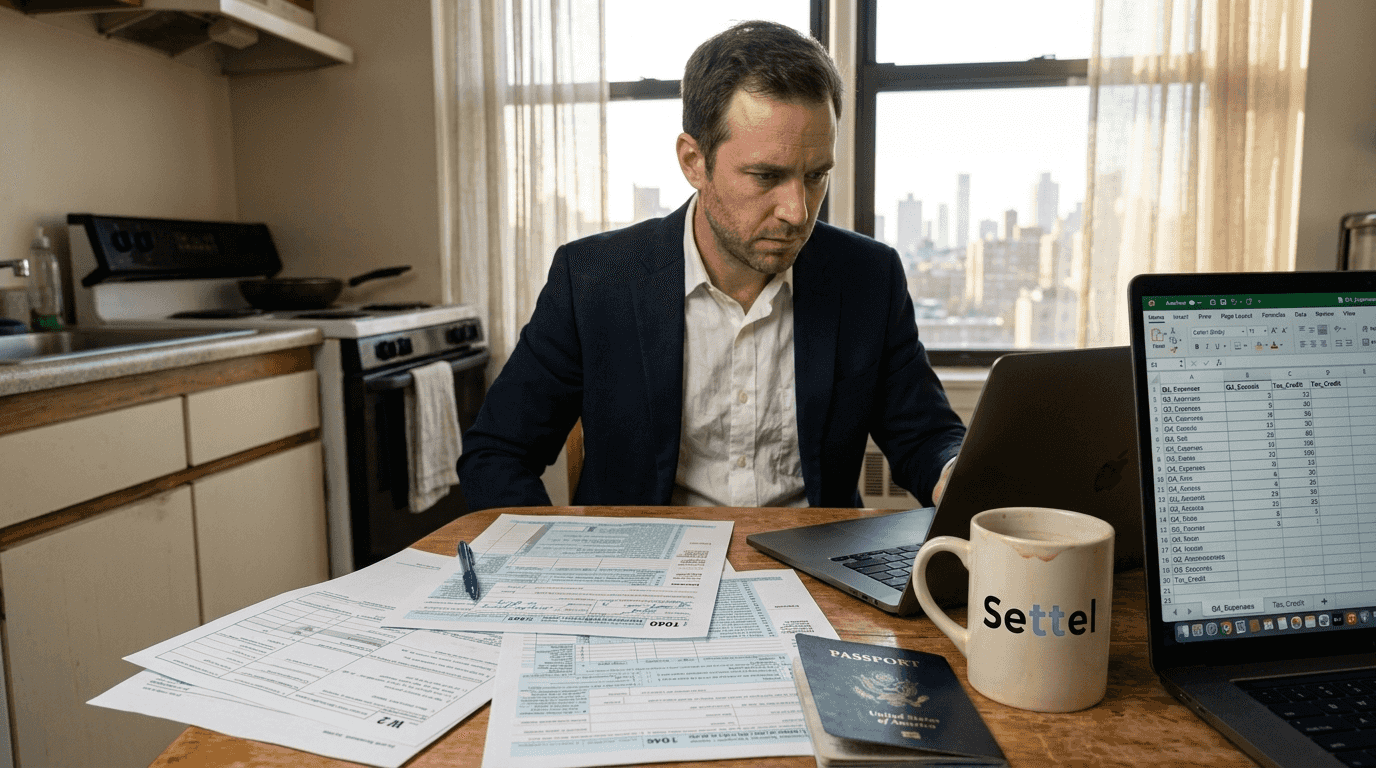 Expat man at kitchen table with tax papers