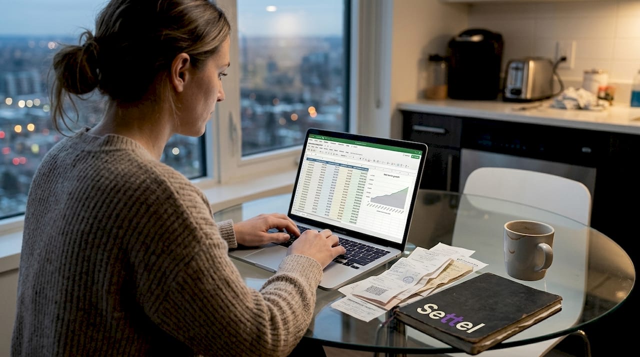 Woman tracks international finances on laptop