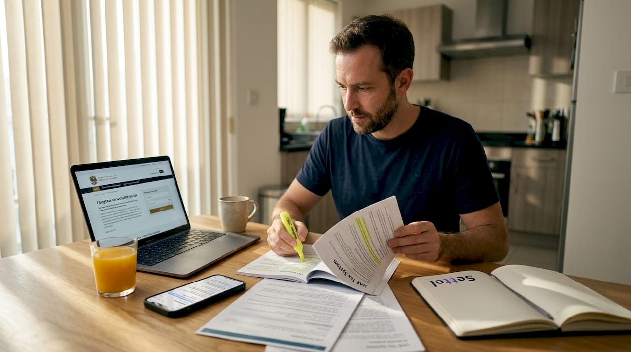 Expat reviewing UAE tax guides at kitchen table