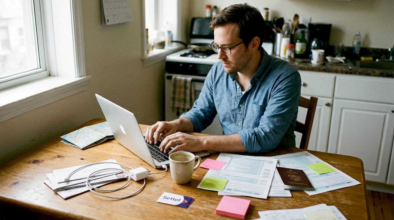 Expat preparing taxes in home office kitchen