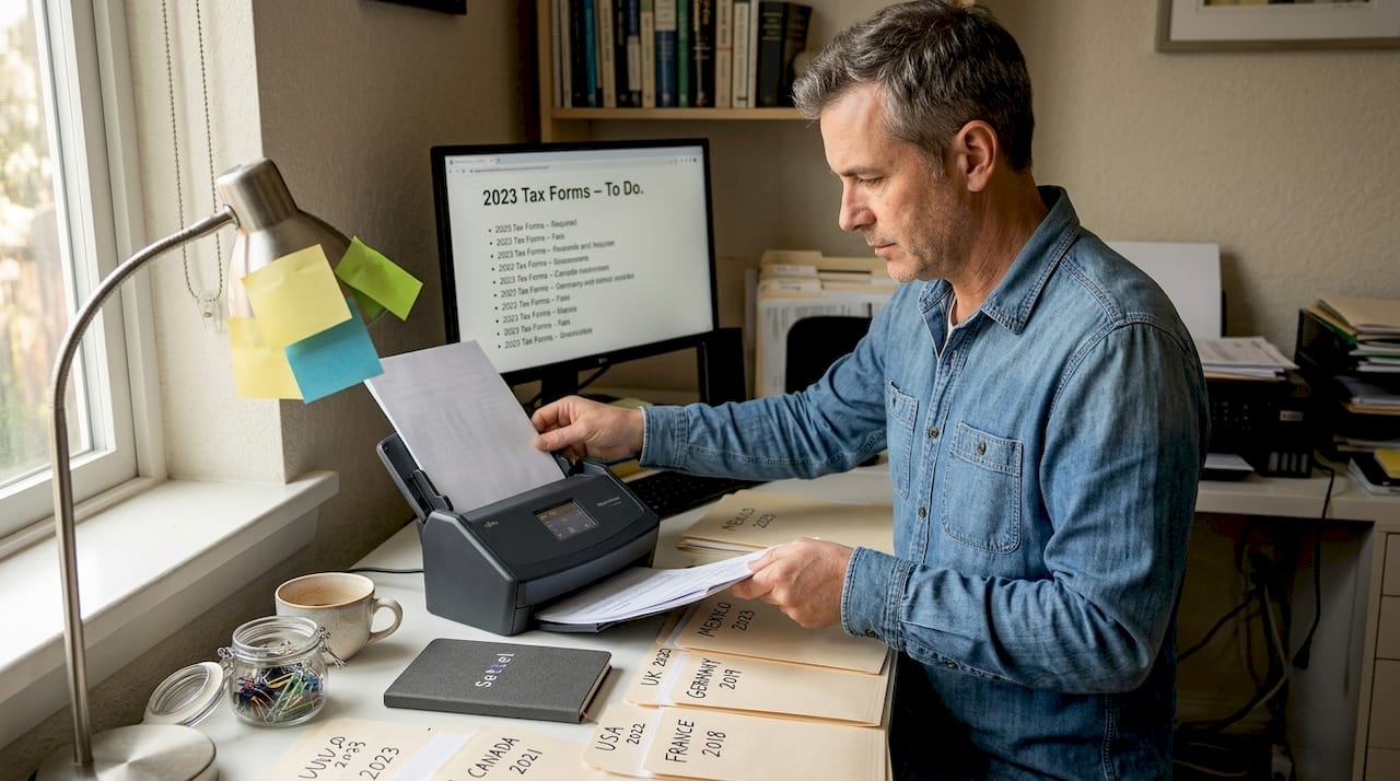 Person organizing international tax filing documents