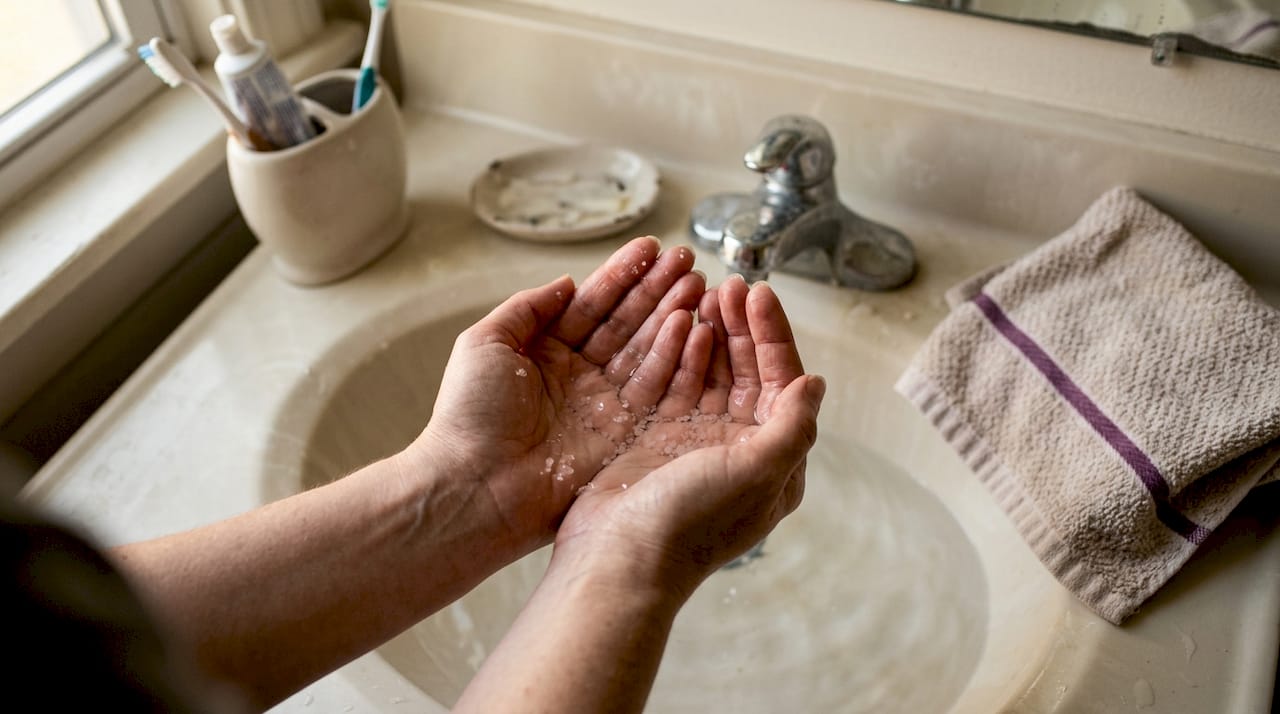 Mit den Händen Salz in warmem Wasser auflösen