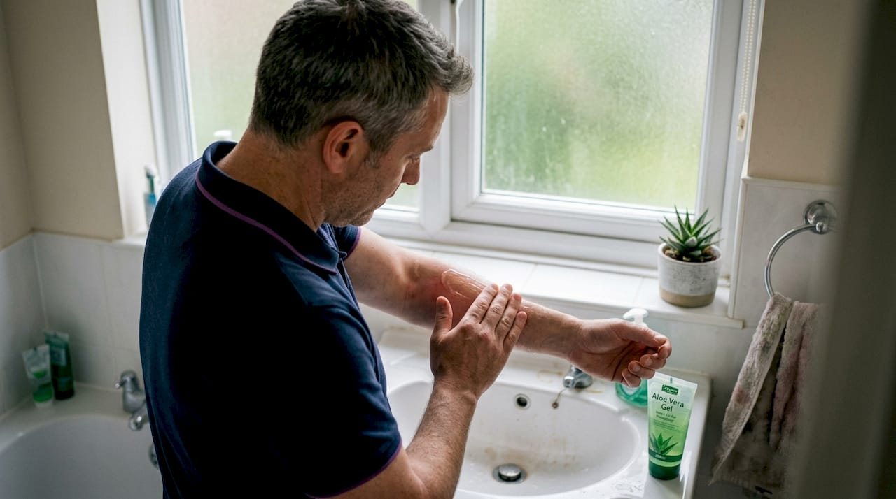 Ein Mann trägt im Badezimmer Aloe-Vera-Gel auf seinen Arm auf.