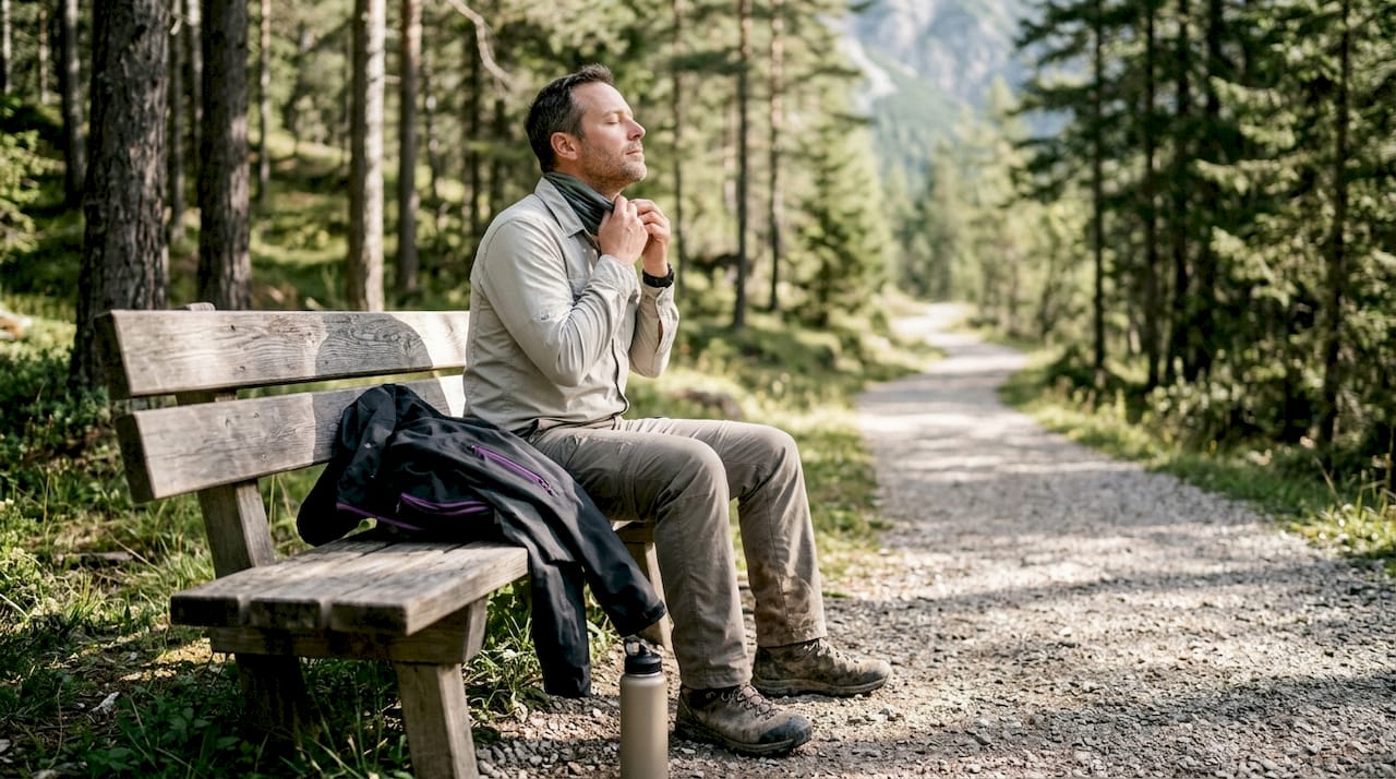 Ein Mann atmet die klare Bergluft und lässt die Ruhe der Natur auf sich wirken.