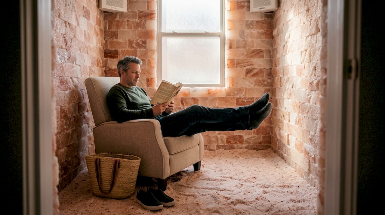 Ein Mann genießt eine entspannende Auszeit in einem Salzraum während einer Therapiesitzung.