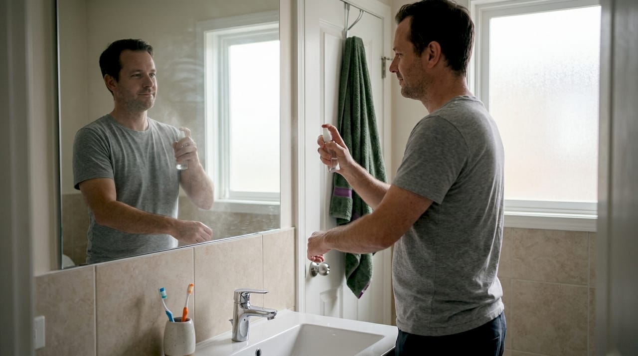 Ein Mann verwöhnt seine Haut mit einem Salzspray.