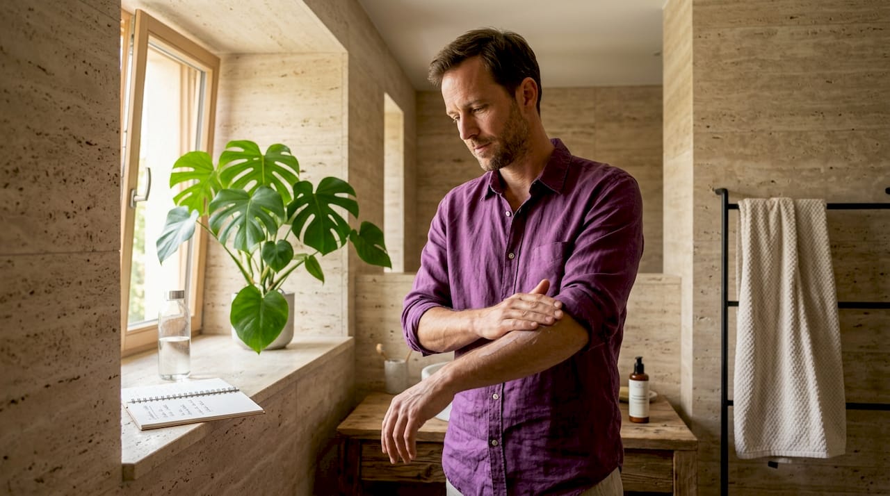 Ein Mann pflegt seine Haut mit Naturkosmetik im Wohnzimmer.