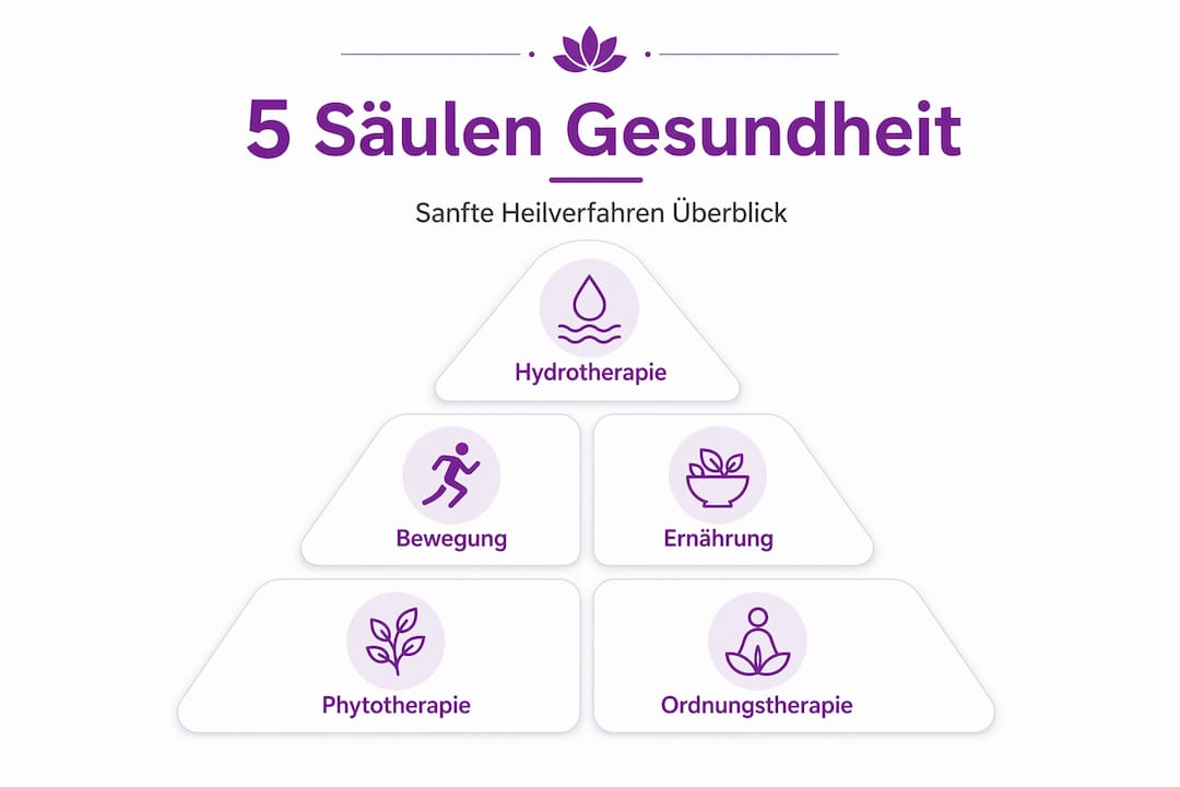 Grafik: Die fünf Grundpfeiler sanfter Heilmethoden auf einen Blick