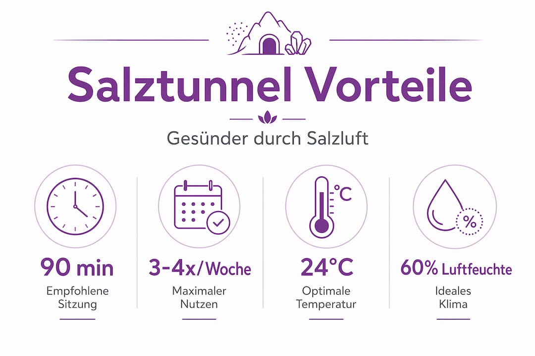 Die Infografik veranschaulicht, welche Vorteile eine Salztunnel-Therapie bietet und unter welchen Bedingungen sie am effektivsten ist.
