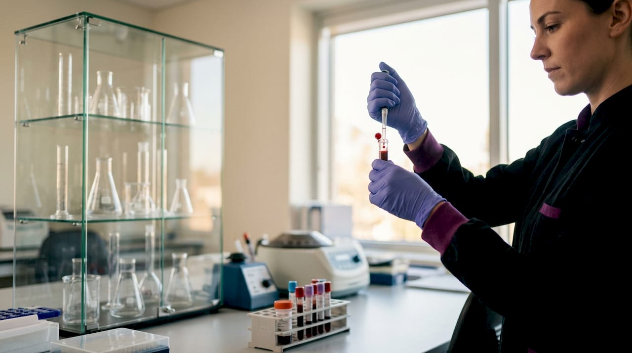 Detailaufnahme: Eine Laborfachkraft arbeitet sorgfältig mit Blutproben.