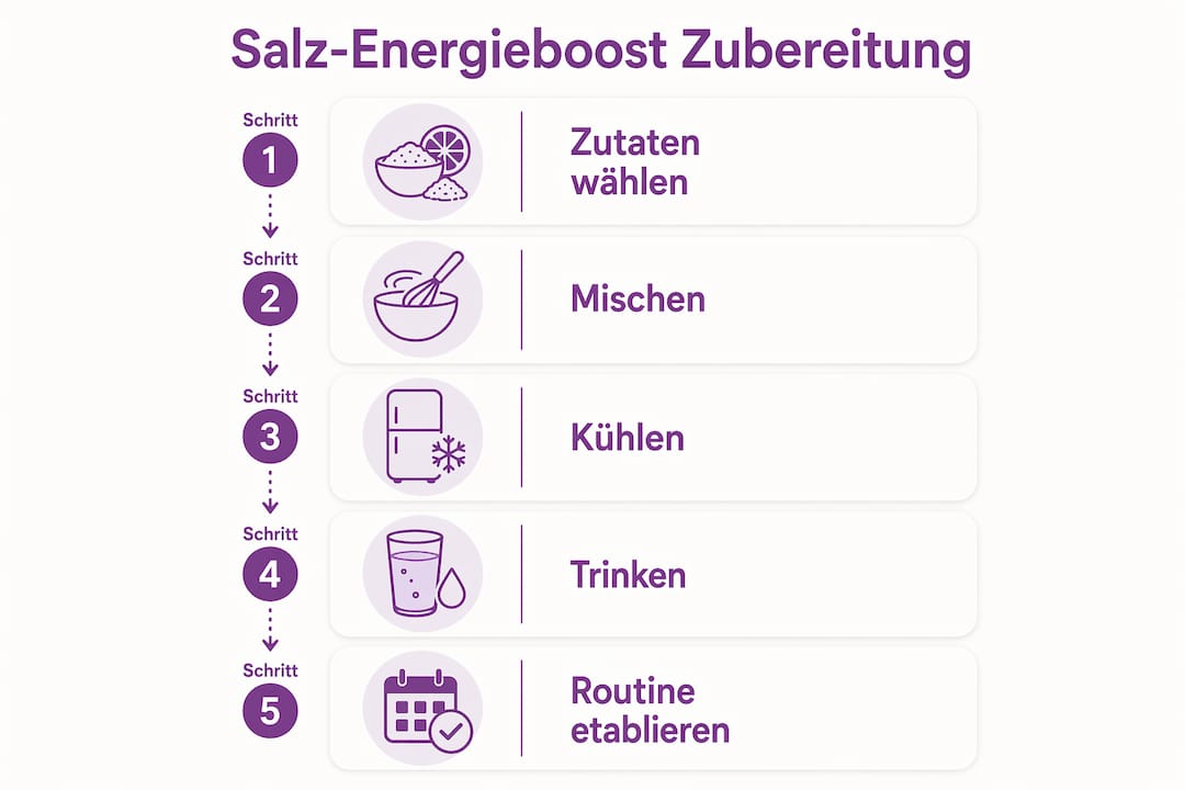 Grafik veranschaulicht, wie du Schritt für Schritt einen Salz-Energie-Drink zubereitest.