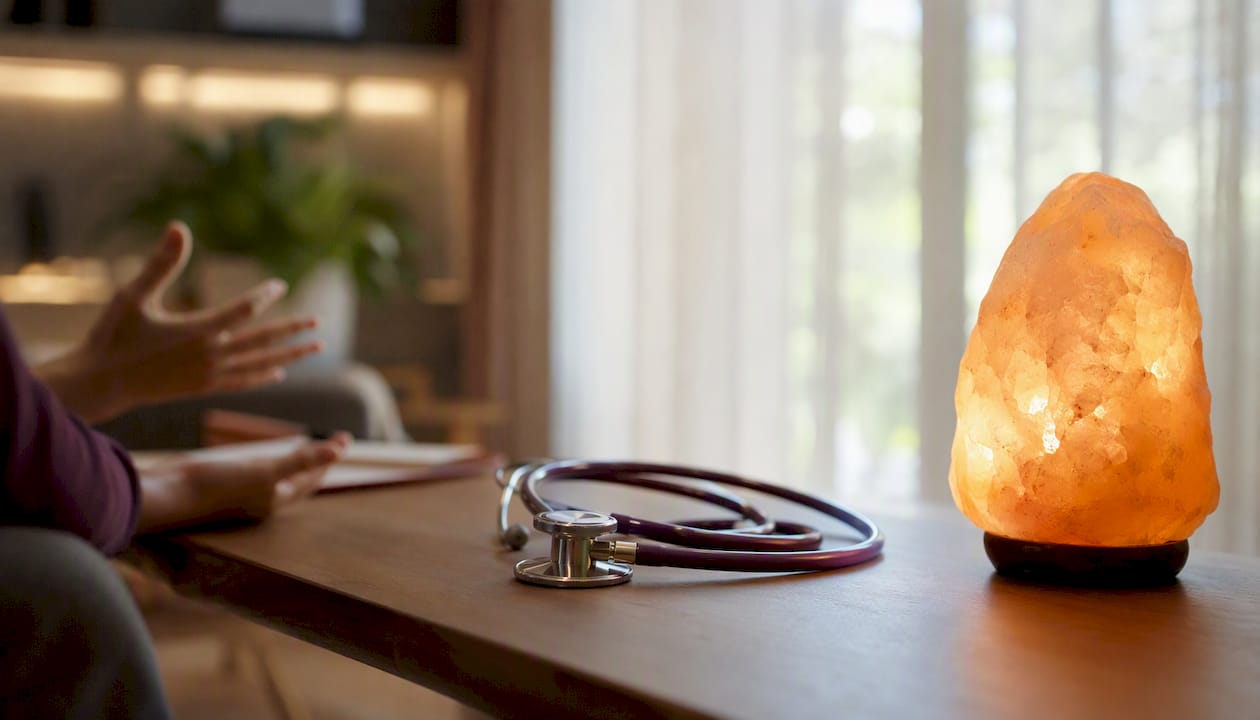 Beratungsecke mit Stethoskop und Salzkristalllampe – für eine entspannte und vertrauensvolle Atmosphäre im Gespräch.