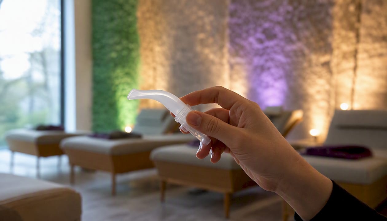Mit vorsichtiger Hand wird das Mundstück des Inhalators gehalten.