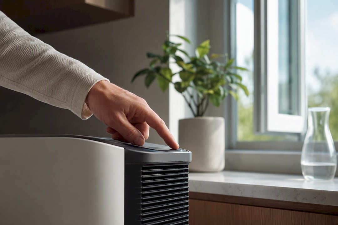 Hand schaltet Ionisator am Fenster aus