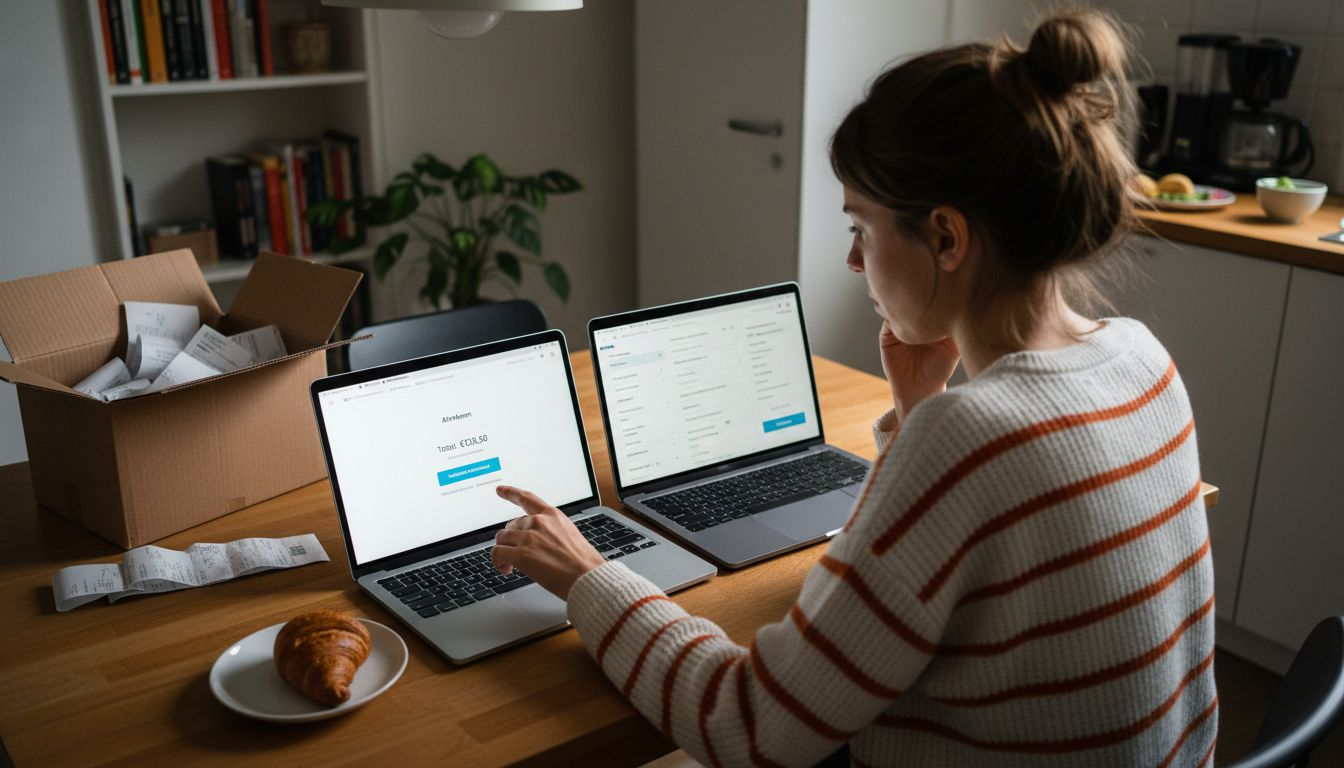 Vrouw bekijkt de verschillen tussen de checkout van Shopify en WooCommerce