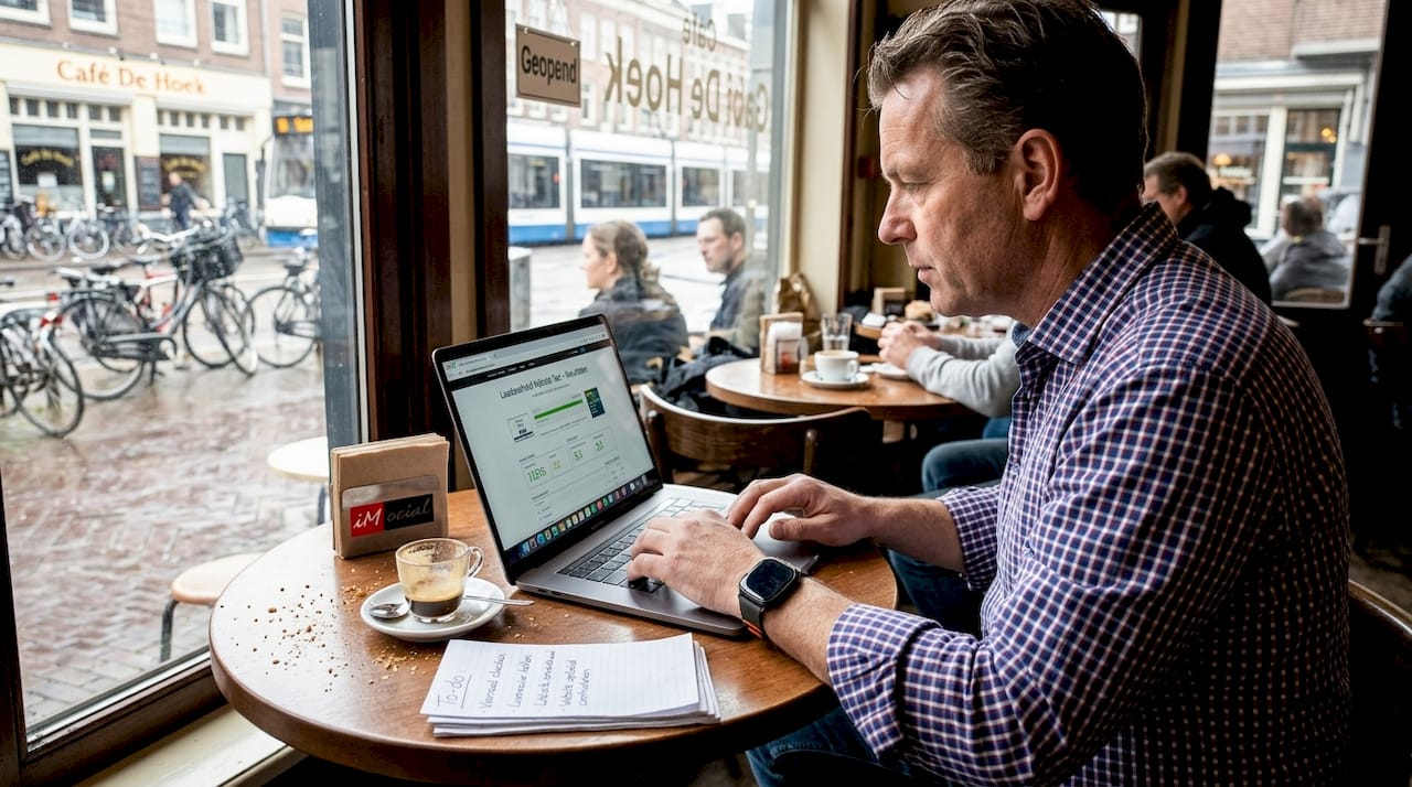 Een horecabaas controleert de laadsnelheid van zijn website op zijn laptop.