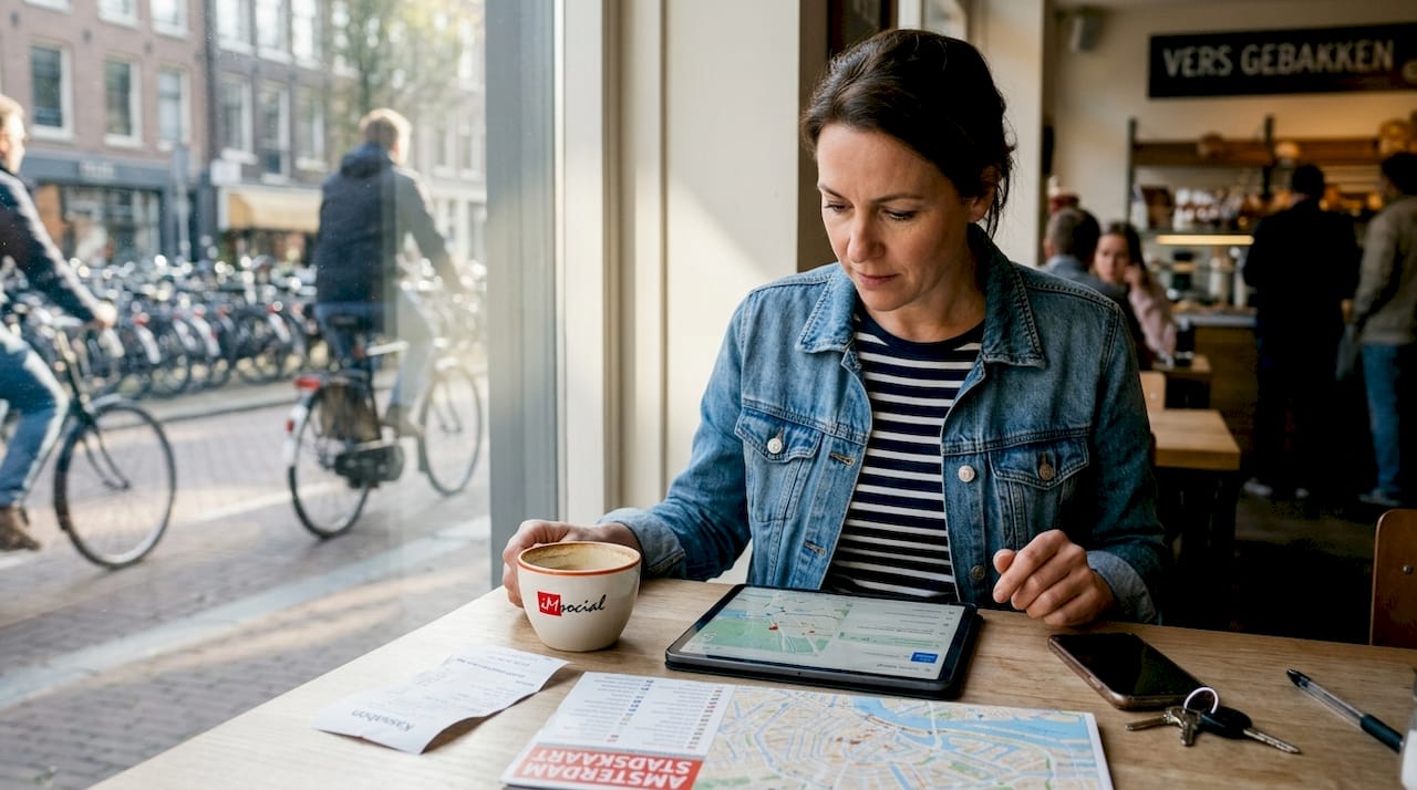 Een ondernemer bekijkt een plattegrond op zijn tablet terwijl hij in een café zit.