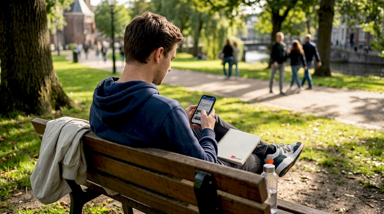 Een man bekijkt en test een mobiele website terwijl hij op een bankje in het park zit.