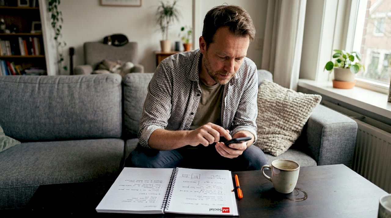 In de woonkamer zit een marketeer zijn website te testen op zijn smartphone.