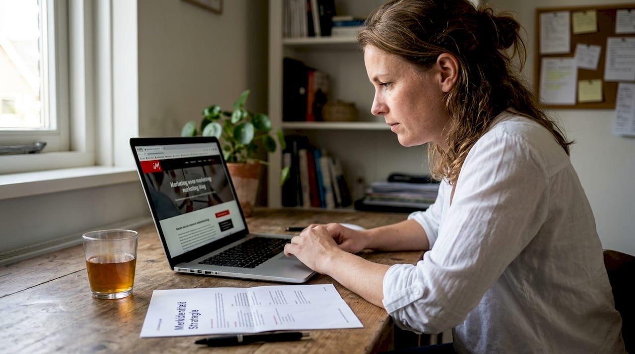 Vrouw geeft haar mening over een website vanaf haar thuiswerkplek