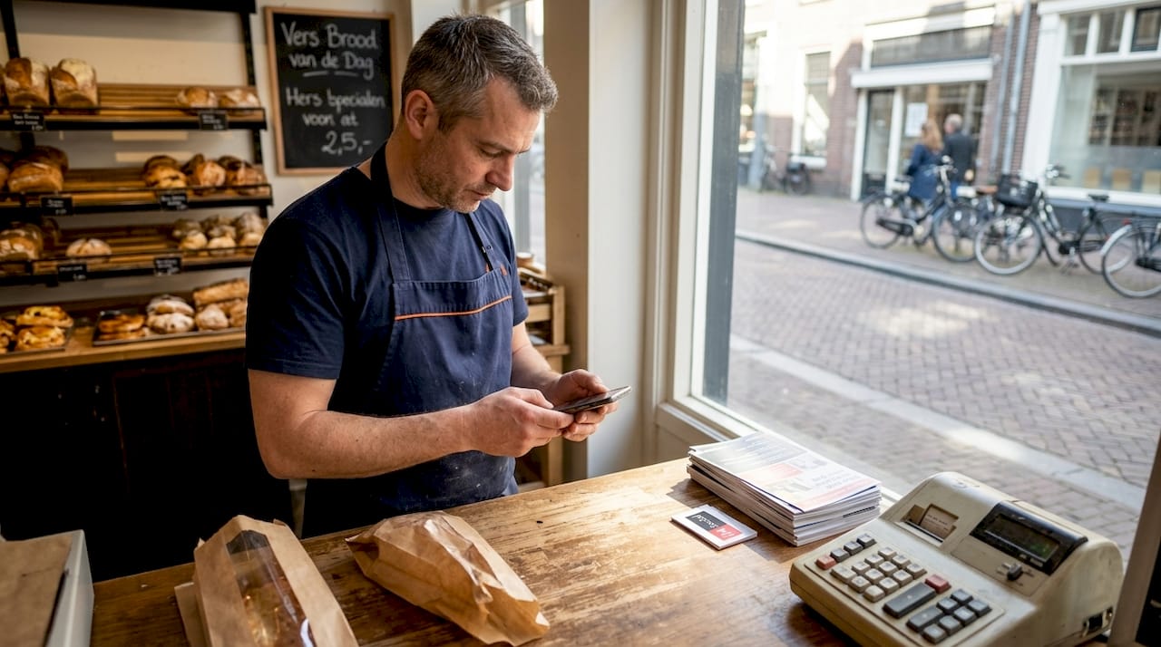 Ondernemer checkt online bestellingen achter de toonbank