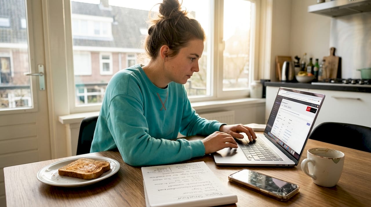 Een vrouw zit aan tafel terwijl ze de inhoud van een website overzichtelijk op orde brengt.