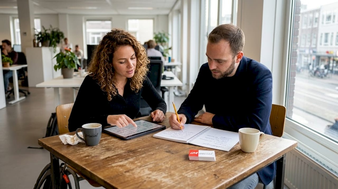 Overleg over wireframes op kantoor bij een mkb-bedrijf